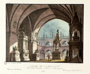 Capulet-suvun hauta (Capuleti) Lavastus näytelmään Teatro Carcanossa vuonna 1829 Niccolo Antonio Zingarellin oopperasta "Giulietta e Romeo" (1796) William Shakespearen teoksen "Romeo ja Julia" jälkeen. Litografia