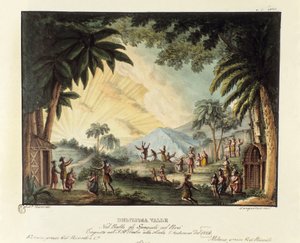 Näkymä herkullisesta laaksosta uuden maailman valloituksen aikoihin espanjalaisen skenografian toimesta italialaisen koreografin Giovanni Galzeranin (1780-1865) (1828) balettiin "" Gli spagnoli nel Peru"". Litografia kirjassa "" Raccolta di invenzioni scen tekijältä Alessandro Sanquirico