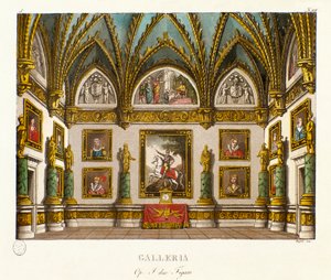 Näkymä gallerian maalausten decoree Skenografia italialaisen säveltäjän Giuseppe Saverio Raffaele Mercadanten (1795-1870) oopperaan "I due figaro"" kappaleen "" Kaksi figaroa eli komedian aihe" jälkeen (1794) ) kirjoittanut Honore Francois Richaud tekijältä Alessandro Sanquirico