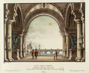 Näkymä kuninkaallisen palatsin salista Skenografia Vincenzo Bellinin (1826) oopperan "Bianca e Fernando" esittämiseen vuonna 1829. Litografia "" Alessandro Sanquiricon (1777-1849) maisemakeksintöjen kokoelma vuodelta 1830 ". Yksityinen Milano tekijältä Alessandro Sanquirico