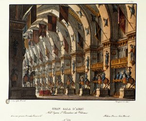 Näkymä suuresta asehuoneesta Skenografia Giovanni Pacinin ja Gaetano Rossin (1828) oopperan "I cavalieri di Valenza" esittämiseen. Litografia "" Alessandro Sanquiricon (1777-1849) maisemakeksintöjen kokoelma vuodelta 1830 ". Milano p tekijältä Alessandro Sanquirico