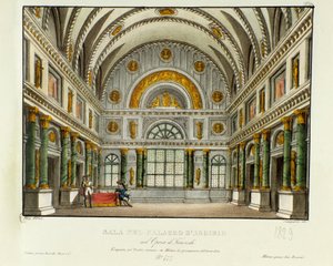 Näkymä Syrakusan kuninkaan Argirion palatsista Skenografia Milanon esitykseen vuonna 1829 Gioacchino Rossinin (tai Gioachinon) (1813) ooppera "Tancredi" (tai Tancrede) Voltairen palan "Tancrede" jälkeen. Litografia "" Keksintökokoelmassa tekijältä Alessandro Sanquirico