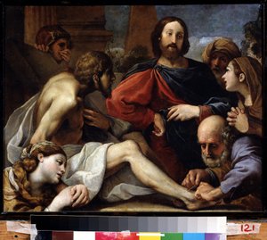 Lasaruksen herättäminen. Alessandro Tiarinin (1577-1668) maalaus. Öljy puulle, 39 x 49 cm. Bolognan taidetta, italialaista barokkitaidetta. Valtion taidemuseo, Jekaterinburg.