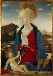 Neitsytellä on lapsi. Molemmilla on kultaiset aureolit. Alessio Baldovinetin (1425-1499) maalaus puulle 1400-luvun su. 1,06x0,75 m