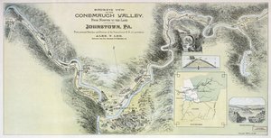 Lintuperspektiivinäkymä Conemaugh Valleystä Ninivestä järvelle, Johnstown, Pa.: henkilökohtaisista luonnoksista ja tutkimuksista Pennsylvania R.R.:sta luvalla tekijältä Alex. Y.; Pennsylvania Railroad Lee