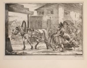 Ratsastus ulos porteista (litho) tekijältä after Alexander Orlowski