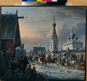 Venäläiset postireet (troika) kiertävät kadulla talvella ja tervehtivät asukkaita matkalla (Street with Mail Coaches) - Alexander Osipovich Orlowskin (1777-1832) maalaus