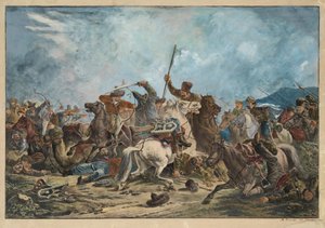 Kirgisit (Kirghizs ) ja kasakat - Taistelu kirgisien ja kasakkojen välillä - Orlowski (Orlovsky), Aleksander Osipovich (1777-1832) - 1826 - Litografia, akvarelli - 54x77 - Yksityiskokoelma