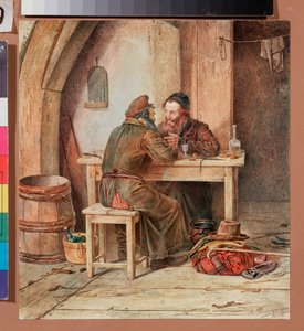 Dans une taverne - Tavernassa - Alexander Antonovich Rizzonin (1836-1902) työ, akvarelli paperille tekijältä Alexander Antonovich Rizzoni