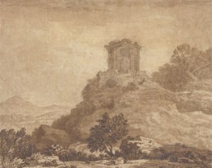 Maisema raunioineen temppelin kanssa, n. 1756 (grafiitti ja pesu paperille) tekijältä Alexander Cozens