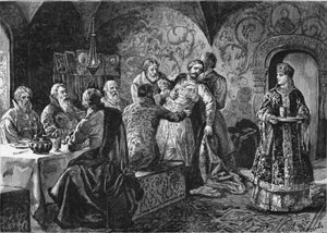 Prinssi Mihail Vasilijevitš Skopin-Shuisky kreivi Vorotynskin juhlassa tekijältä Alexander Efimovich Zemtsov