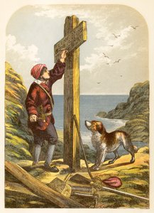 Robinson Crusoe pystyttää pylvään rantaan tekijältä Alexander Francis Lydon