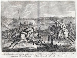 Venäläiset joukot lähtevät Lutzenin taistelun jälkeen takaisin Elben yli - Sauerweid, Aleksanteri Ivanovitš (1783-1844) - 1813 - Etsaus - 21x26 - Yksityiskokoelma tekijältä Alexander Ivanovich Sauerweid