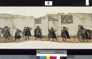 Yksityiskohta Huntlyn hautajaiskulkueesta, jota on sanottu käytetyn George 1:n, Huntlyn markiisilaisen, obsequiesissa