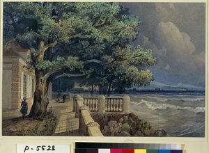 ""Näkymä Monplaisirin palatsin terassille, Pietarin palatsi"" (Monplaisirin palatsin terassi, Pietari) Akvarelli Aleksanteri Matvejevitš Dorogov (1819-1850) 1847 Valtion Eremitaaši, Pietari (Ermitaasimuseo, Pietari) tekijältä Alexander Matveyevich Dorogov