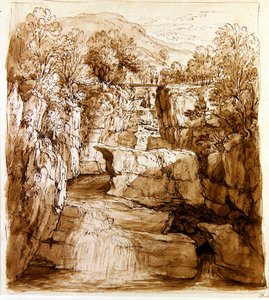 Bracklinn Falls, Perthshire, n. 1810 (kynä ja ruskea muste, pesu paperille) tekijältä Alexander Nasmyth
