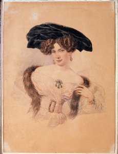 Taiteilija Jevdokija Bakuninan (1793-1882) muotokuva mustassa baretissa (Taiteilija Jevdokija Bakuninan muotokuva mustassa baretissa). Aleksanteri Pavlovich Briullov (Alexander Briullov) (1798-1877) taideteos. Akvarelli paperille