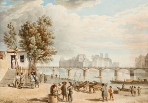 Vue de Paris - Pont des Arts (Ranska) (Pariisinäkymä) - Alexander Pavlovich Briullovin (Alexandre Brioullov) (1798-1877) työ, akvarelli paperille (21x30 cm), venäläinen taide 1800-luvulla, romanttisuus - Yksityiskokoelma