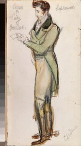 Valmisteleva puku nuorelle miehelle Piotr Tšaikovskin (1840-1893) oopperaan "Jevgeni Onegin" (P. Tšaikovskin Eugene Onegin -oopperan pukusuunnittelu) - Aleksanteri Valentinovich Sredinin (Sredine) (1872-1934) teos , kynä ja akvarelli päällä