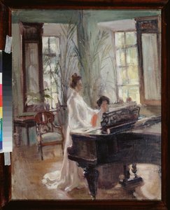 Dans le salon de reception (vastaanottohuoneessa) - Kaksi naista soittaa musiikkia, laulaa ja soittaa pianoa - Aleksanteri Valentinovich Sredinin (Sredine) (1872-1934) teos, öljy pahville - Venäläistä taidetta 1800-luvun lopulla - 1900-luvun alkupuolella, 