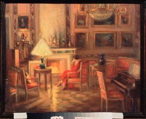 Sisustus naisen kanssa takan ääressä - Alexander Sredinin (Sredine) (1872-1934) teos, öljy pahville