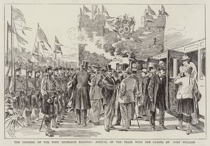 West Highlandin rautatien avaaminen, junan saapuminen vieraiden kanssa Fort Williamiin tekijältä Alexander Stuart Boyd