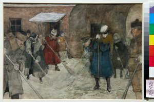 Ihmiset lakaisevat lunta kadulla talvella - Aleksanteri Ivanovitš Vakhramejevin (1874-1926) työ, noin 1921 - Lumenpoisto - Akvarelli, valkoinen väri, musta liitu paperille, Aleksanteri Ivanovitš Vakhramejev (1874-1926), n. 1921 - 21,4x29 .5cm - St tekijältä Alexander Vakhrameyev