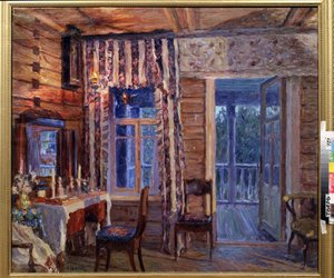 Sisustus ikonilampulla. Maalaus Alexander Viktorovich Moravov (Alexander Victor) (1878-1951), öljy kankaalle