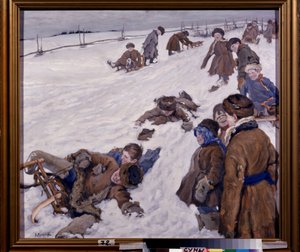 Talviurheilu (talviurheilu). Kelkkailukohtaus, lumisella kentällä, lämpimästi pukeutuneita lapsia pitämään hauskaa ja nauramassa ääneen. Maalaus Alexander Viktorovich (Alexander Victor) Moravov (1878-1951), öljy kankaalle