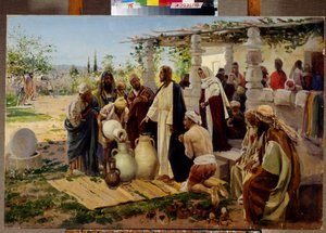 Ihme veden muuttumisesta viiniksi Kaanassa (Israel). (Jeesus käskee palvelijoita täyttämään purkit vedellä kaivosta ja tekee ensimmäisen ihmeen häissä, joissa viini puuttui). Vladimir Jegorovich Makovskyn maalaus (Makovsky, Makov