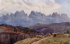 Montserratin vuoret Manresasta, lähellä Barcelonaa (väri litho)