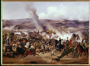 Napoleonin sodat: Kulmin taistelu (nykyinen Chlumec) Böömissä (Tšekin tasavalta) 30.8.1813 vastustaen Ranskan armeijaa Preussin, Itävallan ja Venäjän joukkojen liittoumaa vastaan ​​Saksan kampanjan aikana. Alexanderin maalaus