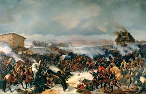 Narvan taistelu, 19. marraskuuta 1700. Suuren Pohjan sodan (1700-1721) jakso Ruotsin ja kaikkien Baltian maiden, Tanskan, Puolan ja Venäjän välillä. Alexander (Alexander) von Kotzebuen (1815-1889) maalaus öljy kankaalle