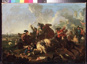Kohtaus Poltavan taistelusta (tai Pultawasta, Ukrainasta) (Poltavan taistelusta). Taistelu, joka käytiin 8. heinäkuuta 1709 Venäjän Pietari I:n armeijan välillä (tunnetaan nimellä Le Grand