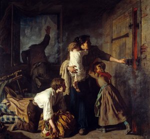 Tulipalon kohtaus. Asunnossaan juuttunut perhe yrittää paeta rakennuksen paloa. Perheen isä huutaa apua ikkunasta. Alexander Antignan (1817-1878) maalaus