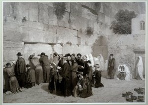 Juutalaisuus: "" Salomon muuri""" Juutalaisen uskonnon miehet ja naiset rukoilevat Itkumuurin edessä. Ennen 1857. Piirustus Alexandre Bida (1823-1895), pesu, kynä ja lyijykynä paperille, Dim. 0,61x0,87 m Malmaison, linnan museo