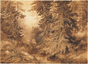Ikivanha mäntymetsä ja vuoristopuro tekijältä Alexandre Calame