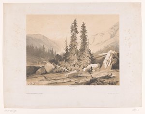 Vuoristomaisema kuusipuilla ja vuoristovuohilla Sapins (otsikko esineessä) tekijältä Alexandre Calame
