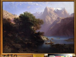 ""Vuorimaisema järvellä Sveitsissä"" (Mountain lake) maalaus Alexandre Calame (1810-1864) 1860 Regional Art Gallery, Tambov Venäjä tekijältä Alexandre Calame