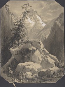 Kolme vuohta vuoristomaisemassa tekijältä Alexandre Calame