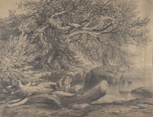 Kaksi miestä lepää järven rannalla..., 1800-luvun alkupuolelta puoliväliin. tekijältä Alexandre Calame