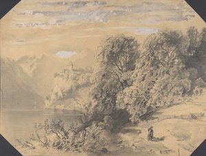 Nainen koiran kanssa vuoristojärven rannalla, 1800-luvun alkupuolelta puoliväliin. tekijältä Alexandre Calame