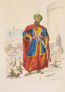 Ali Khoja, Algerin hallitsija 1816-1818, vihreässä turbaanissa ja hieno miekka kädessään, ympärillään voitettujen vihollisten katkaistuja päitä vuoden 1816 pommituksen jälkeen, 1800-luvun puoliväli (värillinen kaiverrus).
