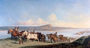 Rhône-veneitä vetävien hevosten kiinnitys, c1825-1870 tekijältä Alexandre Dubuisson