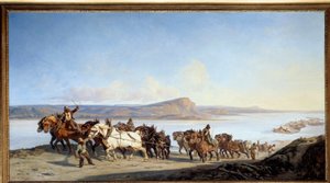 Hinaus “” Hevosten vetokoukku, joka palvelee venehissiä Rhône-joella”” Alexandre Dubuissonin (1805-1870) maalaus 1843 Lyon, Musee des Beaux Arts tekijältä Alexandre Dubuisson
