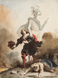 Don Juan et Leporello rencontrent la statue du Commandeur au cimetière (grafiitti, kynä ja ruskea muste akvarellilla paperille, korotettu arabikumilla) tekijältä Alexandre Evariste Fragonard