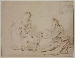 Ensimmäinen ratsastustunti (La première leçon déquitation), n. 1778 (grafiitti ja ruskea pesu antiikkipaperille) tekijältä Alexandre Evariste Fragonard