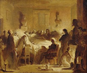 Ranskalaisen Charles-Ferdinandin (1778-1820) viimeiset hetket Pariisin oopperatalon hallintohuoneessa, 14. helmikuuta 1820, 1820-50 tekijältä Alexandre Evariste Fragonard