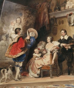 Nuori mies ihailemassa naisen ja hänen pienen tyttärensä muotokuvaa tekijältä Alexandre Evariste Fragonard