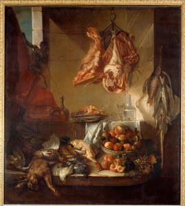 Keittiön sisustuksen asetelma riistasta, hedelmistä ja lihasta. François Desportesin (1661-1743) maalaus 1700-luvulta Chalons sur Marne, Musee des Beaux Arts